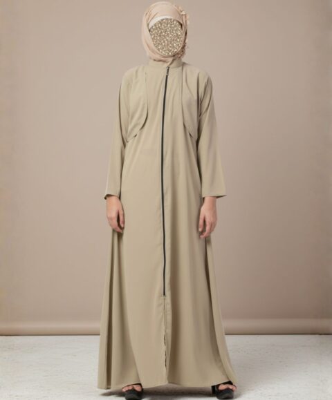 Beige Full Zipper Abaya – Premium Matte Crepe