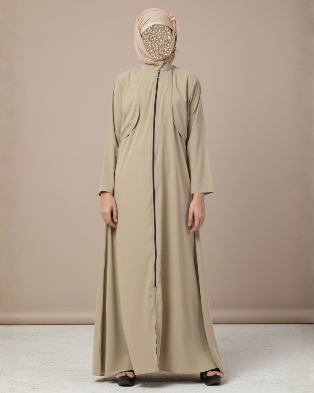 Beige Full Zipper Abaya – Premium Matte Crepe 1 Beige Full Zipper Abaya – Premium Matte Crepe