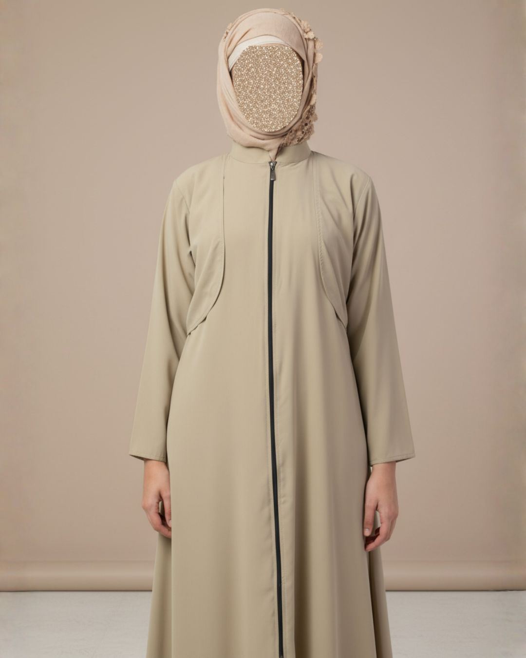 Beige Full Zipper Abaya – Premium Matte Crepe 5 Beige Full Zipper Abaya – Premium Matte Crepe - Image 5