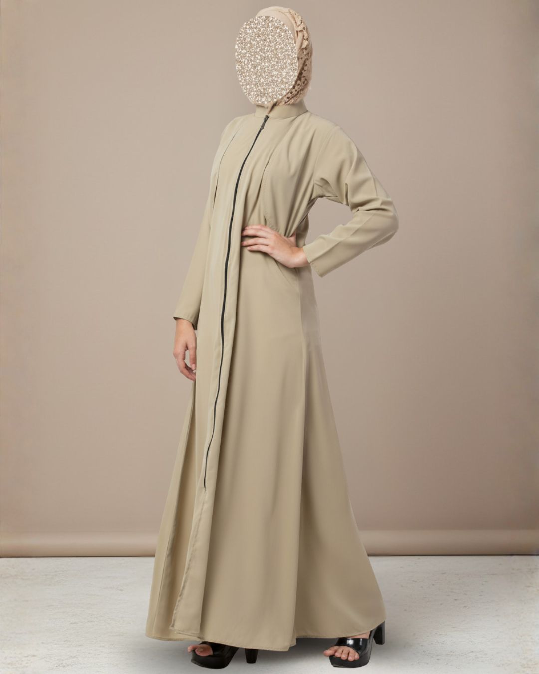 Beige Full Zipper Abaya – Premium Matte Crepe 2 Beige Full Zipper Abaya – Premium Matte Crepe - Image 2