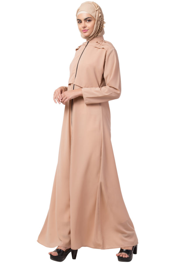 Full Zipper Shoulder Pleated Beige Abaya - Image 2