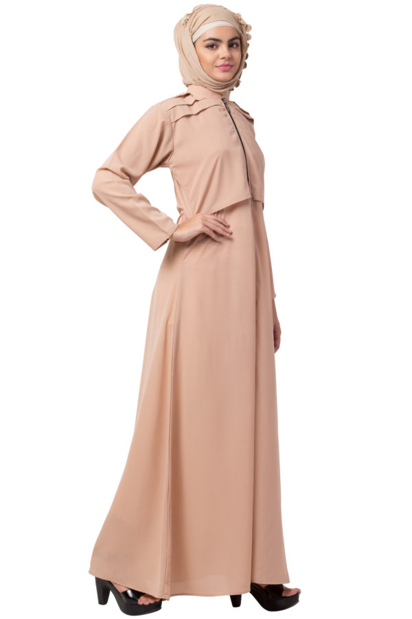 Full Zipper Shoulder Pleated Beige Abaya - Image 3