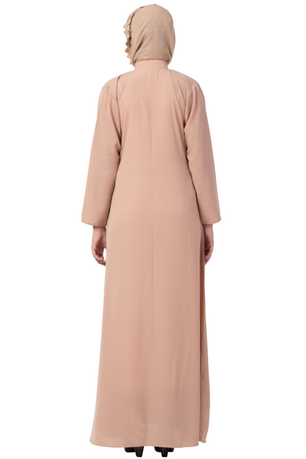 Full Zipper Shoulder Pleated Beige Abaya - Image 4