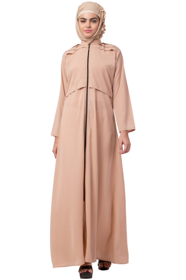 Full Zipper Shoulder Pleated Beige Abaya - Image 5