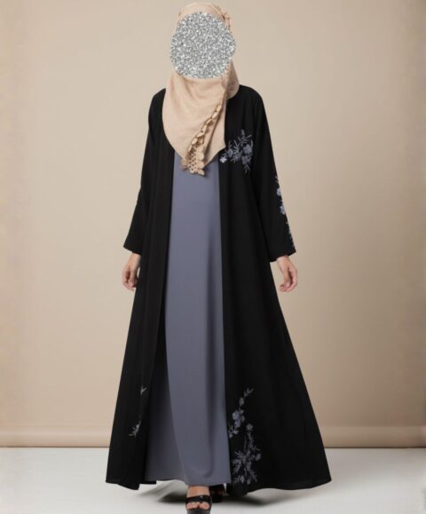 Black Embroidered Open Abaya Set – Premium Nida Fabric