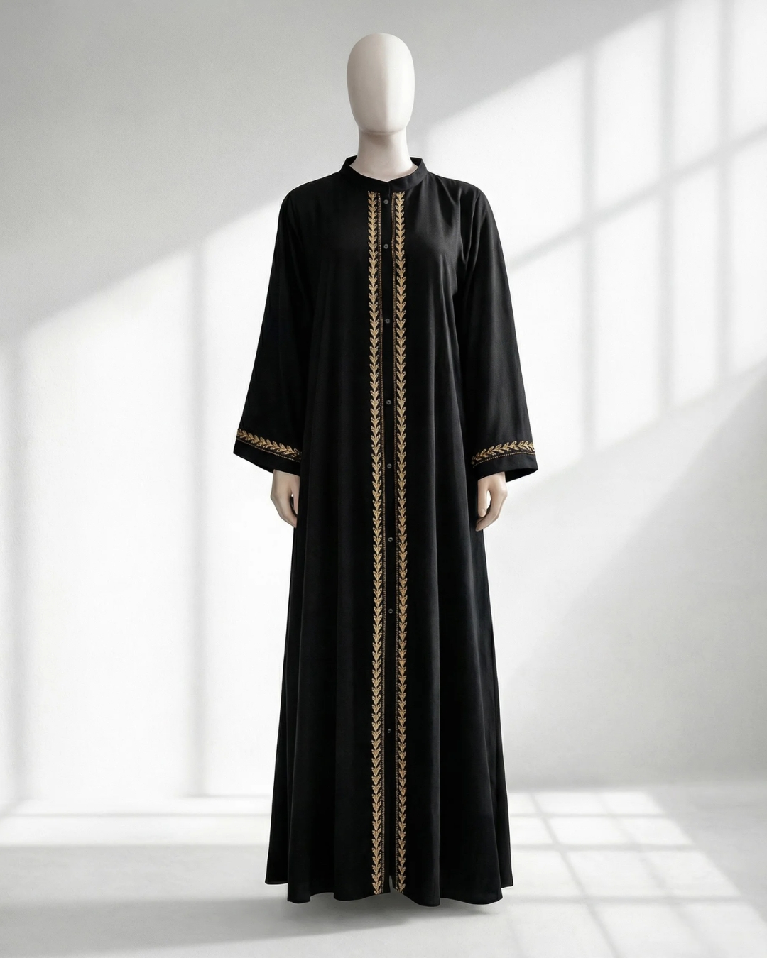 Premium Black Front-Open Abaya with Gold Floral Embroidery – Elegant Modest Wear 1 Premium Black Front-Open Abaya with Gold Floral Embroidery – Elegant Modest Wear