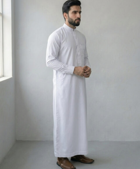 Modern Classic – Premium Imported Fabric White Thobe