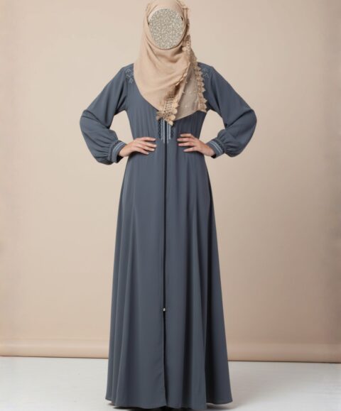 Grey Embroidered Zipper Abaya – Premium Koshibo Fabric