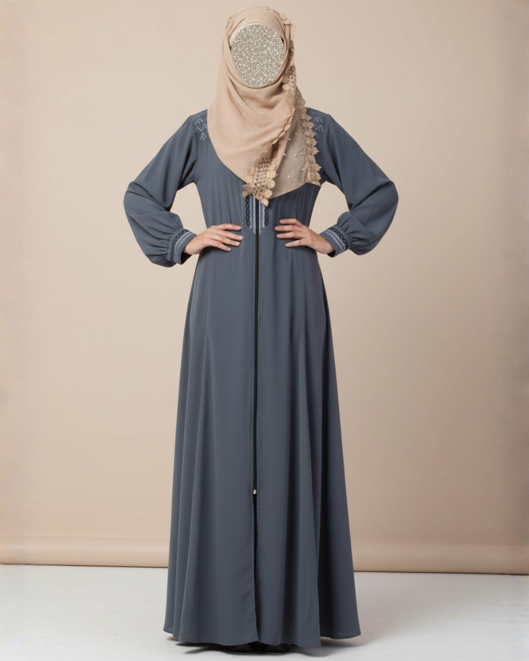 Grey Embroidered Zipper Abaya – Premium Koshibo Fabric 1 Grey Embroidered Zipper Abaya – Premium Koshibo Fabric