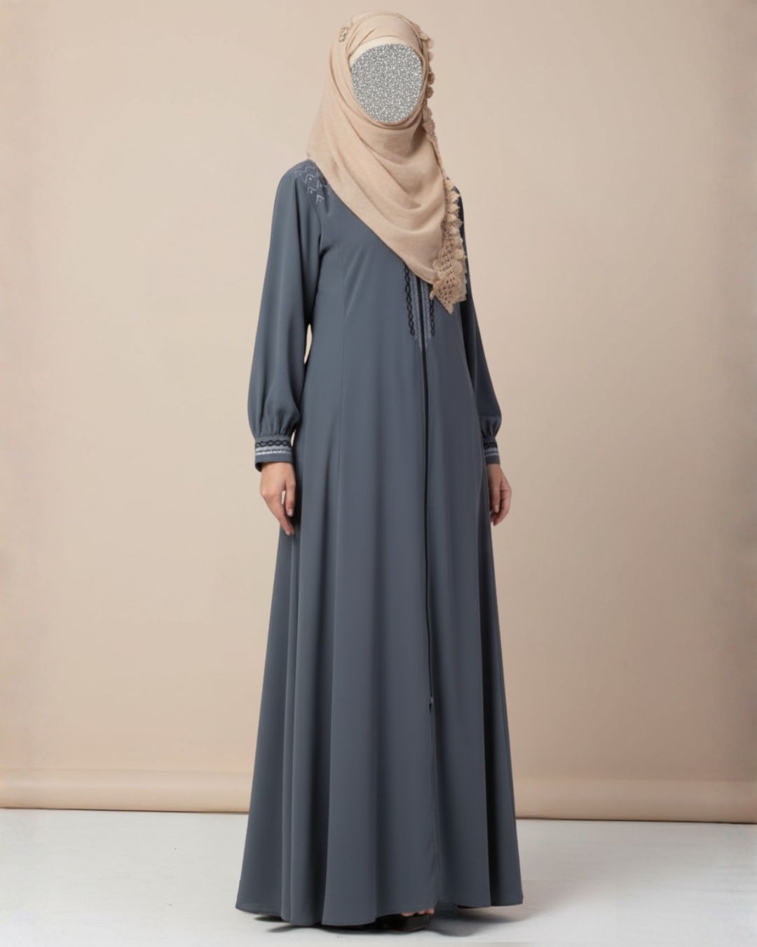 Grey Embroidered Zipper Abaya – Premium Koshibo Fabric 6 Grey Embroidered Zipper Abaya – Premium Koshibo Fabric - Image 6