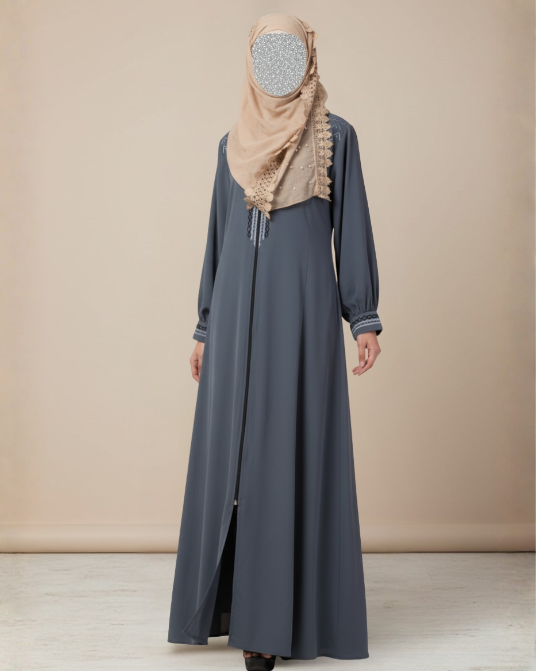 Grey Embroidered Zipper Abaya – Premium Koshibo Fabric 2 Grey Embroidered Zipper Abaya – Premium Koshibo Fabric - Image 2