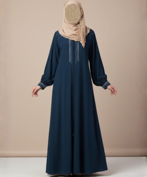 Embroidered Full Zipper Firozi Abaya – Premium Koshibo Fabric