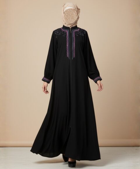 Embroidered Full Zipper Black Abaya – Premium Koshibo Fabric