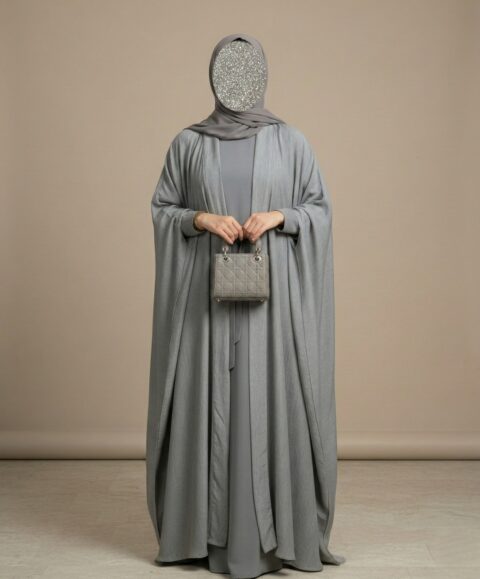 Grey Layered Abaya Set – Premium Matte Crepe