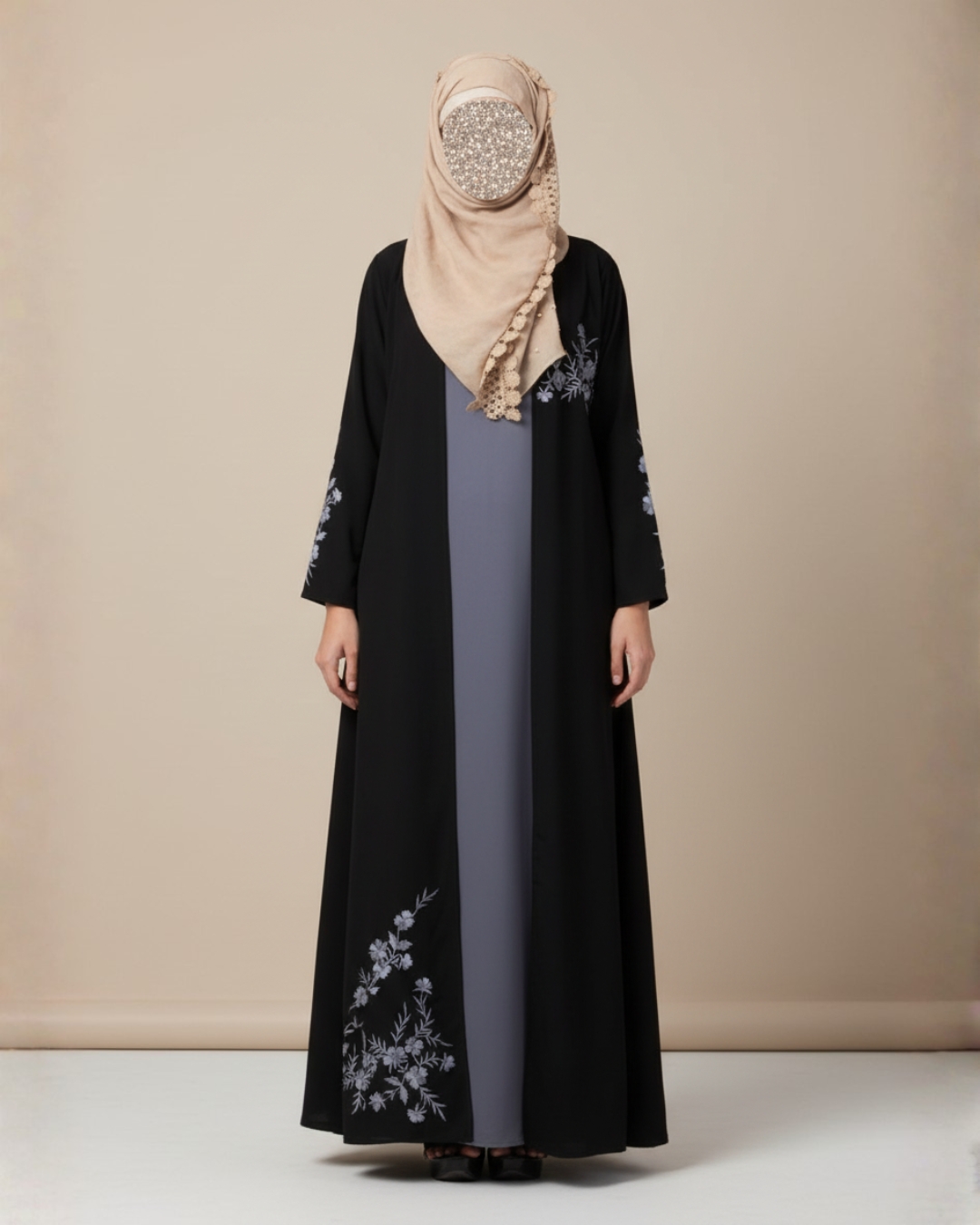 Black Embroidered Open Abaya Set – Premium Nida Fabric 4 Black Embroidered Open Abaya Set – Premium Nida Fabric - Image 4