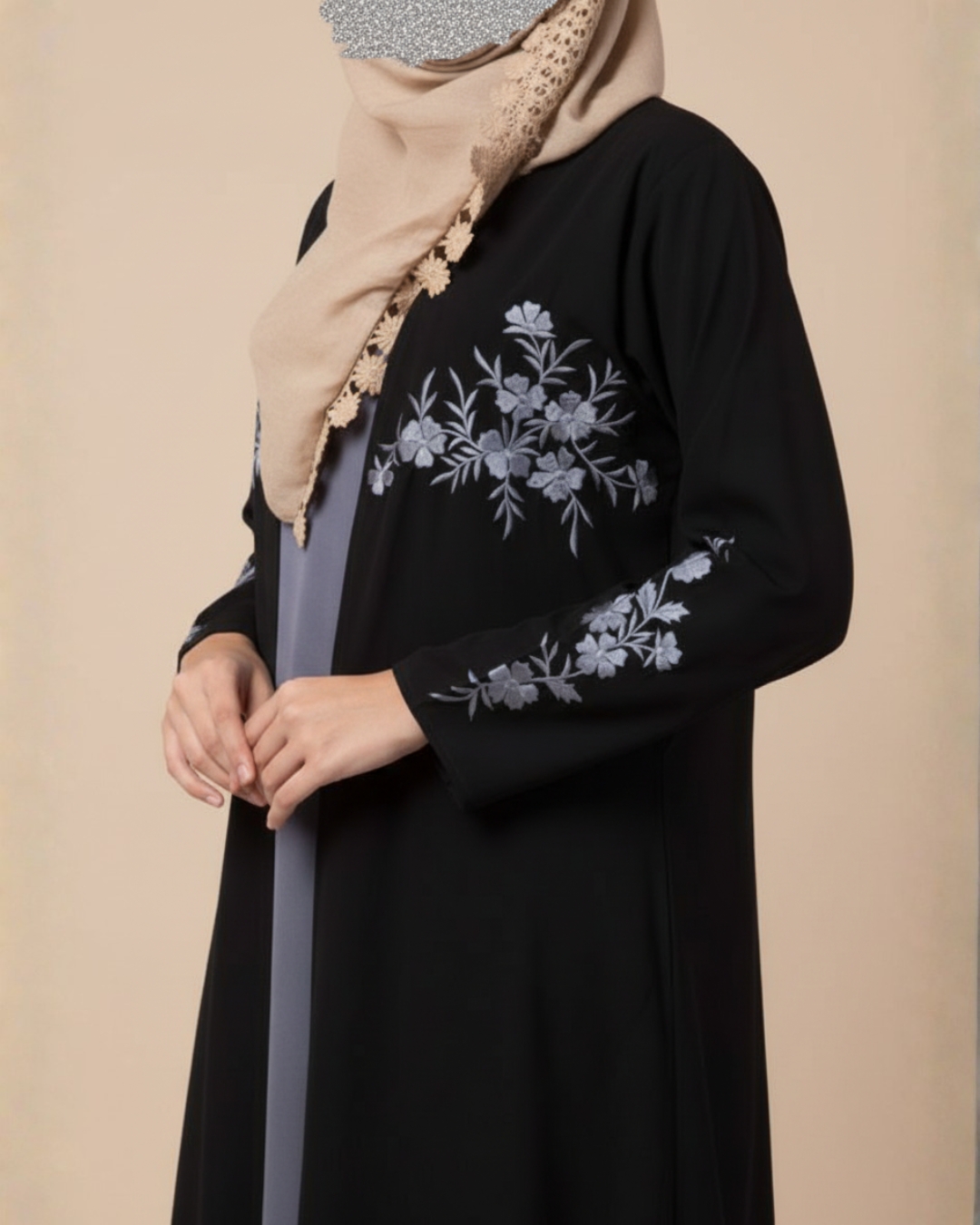 Black Embroidered Open Abaya Set – Premium Nida Fabric 6 Black Embroidered Open Abaya Set – Premium Nida Fabric - Image 6