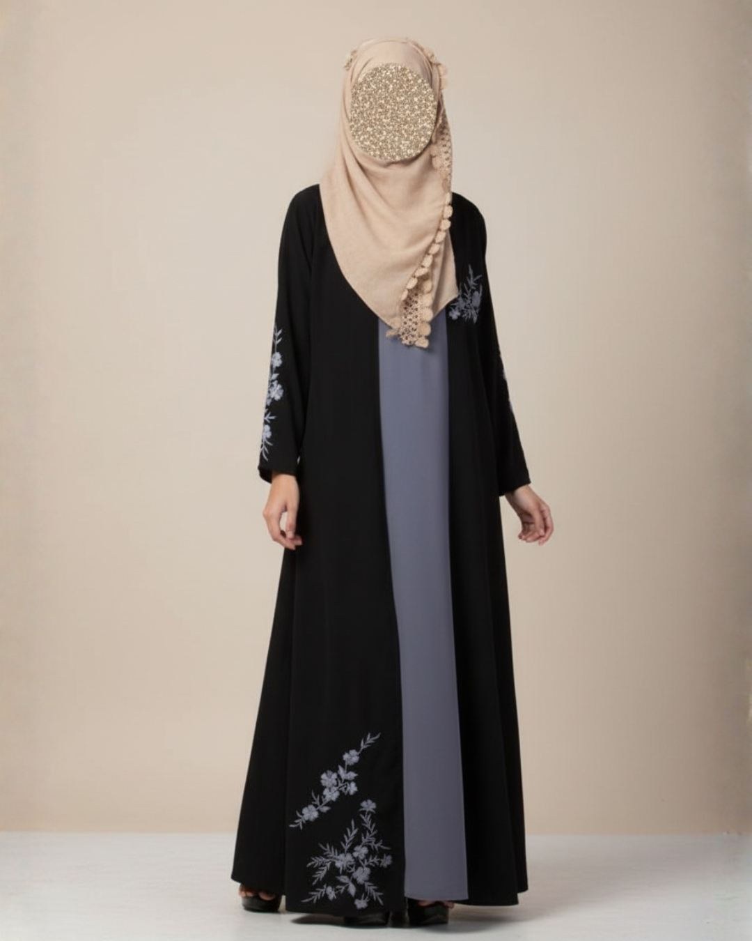 Black Embroidered Open Abaya Set – Premium Nida Fabric 2 Black Embroidered Open Abaya Set – Premium Nida Fabric - Image 2